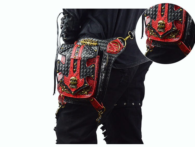 Steampunk Waist Black And Red Bags Unisex Leather Xmas Hip Thigh Packs detail