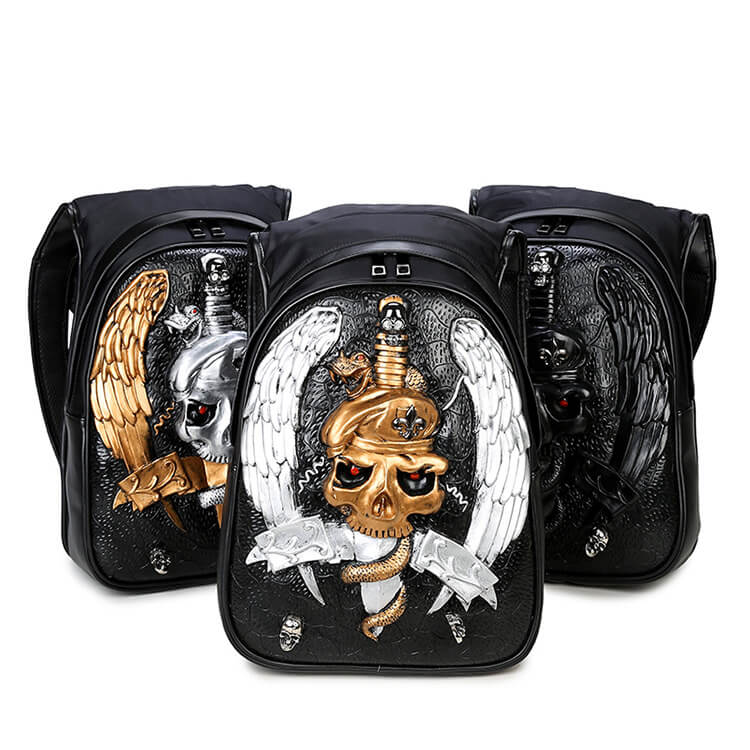 3D skull knife leather backpack rivets skull backpack with Hood cap apparel bag 1