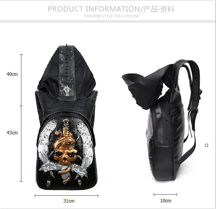 3D skull knife leather backpack rivets skull backpack with Hood cap apparel bag 2