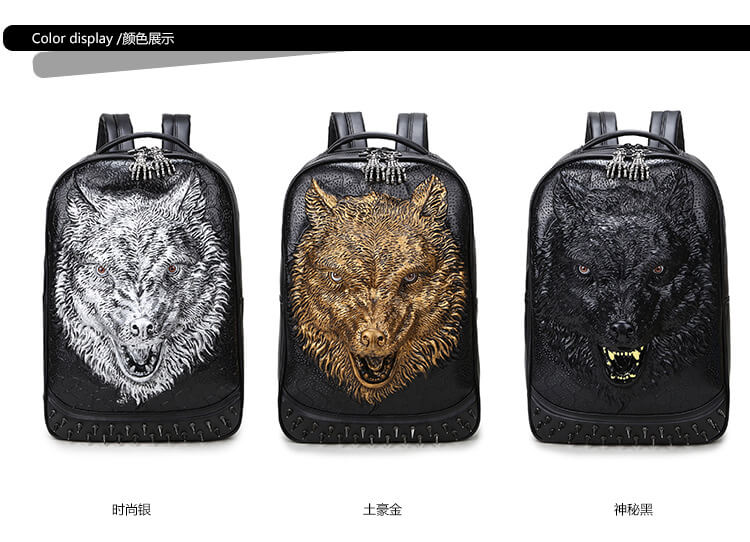 Punk Lone Wolf Pu Leather Rivet Backpack with Hood cap apparel Bag detail 3