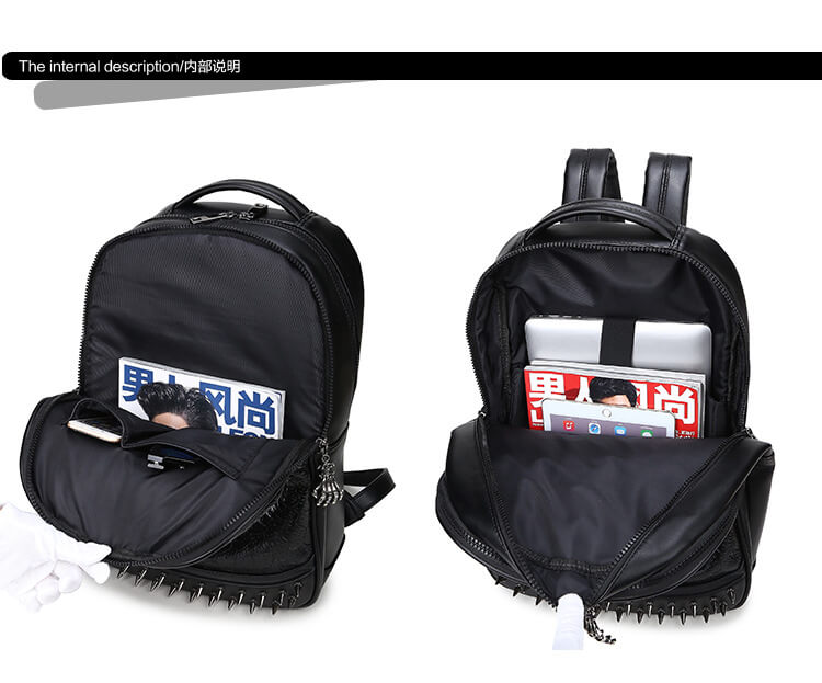 Punk Lone Wolf Pu Leather Rivet Backpack with Hood cap apparel Bag detail 5