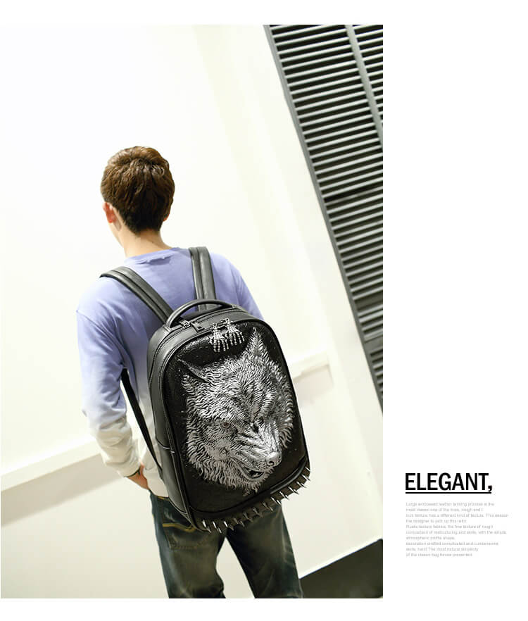 Punk Lone Wolf Pu Leather Rivet Backpack with Hood cap apparel Bag detail 6