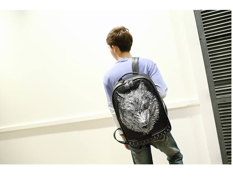 Punk Lone Wolf Pu Leather Rivet Backpack with Hood cap apparel Bag detail 7