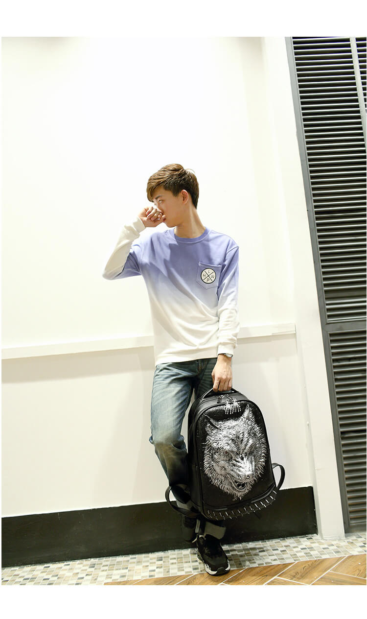 Punk Lone Wolf Pu Leather Rivet Backpack with Hood cap apparel Bag detail 8